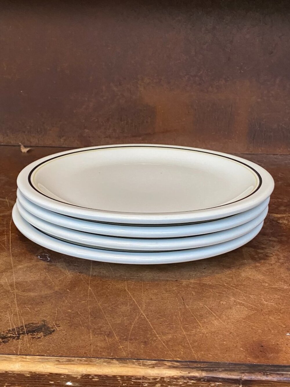 SET 4 Caribe China Puerto Rico Dinner Plates Black Gold Band Restaurant Ware